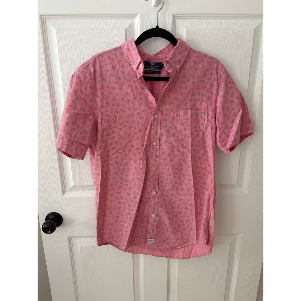 Vineyard Vines Mens Slim Fit Murray Shirt Pink Blue Palm Leaf Print Size Medium